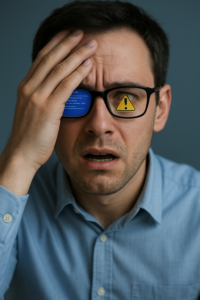 Homem com expressão de desespero diante de falhas refletidas em seus óculos, representando a importância do monitoramento de servidores para prevenir erros críticos.